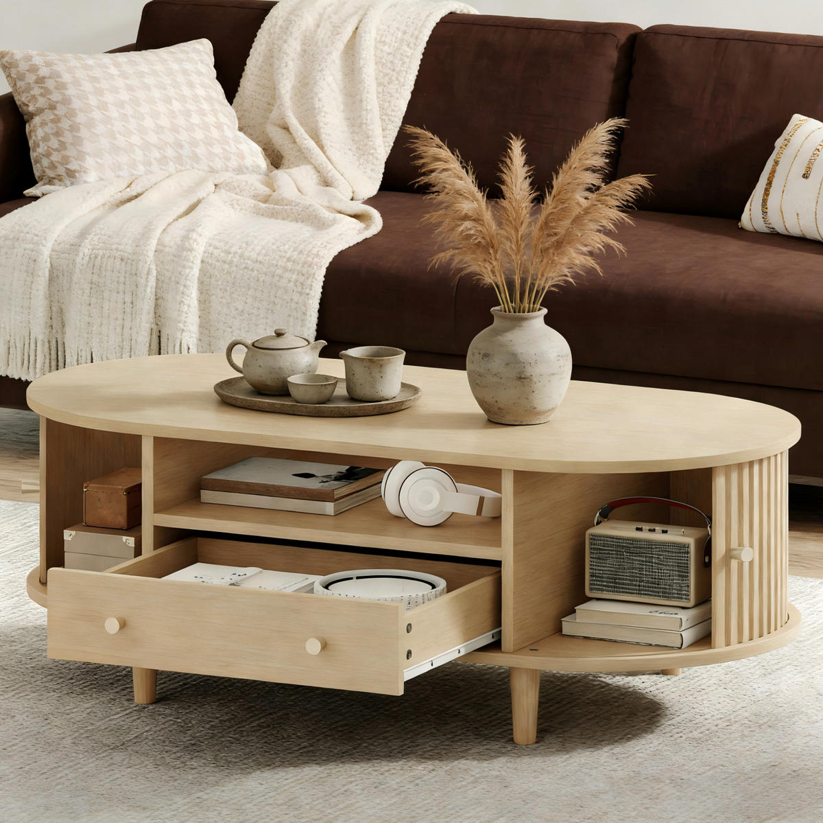 KONFERENČNÍ stolek z MDF 100x50x36 cm dubová barva se zásuvkou, roletovými dvířky a otevřeným úložným prostorem - barva dubu, kompozitní dřevo (100/50/36cm) - Modfu