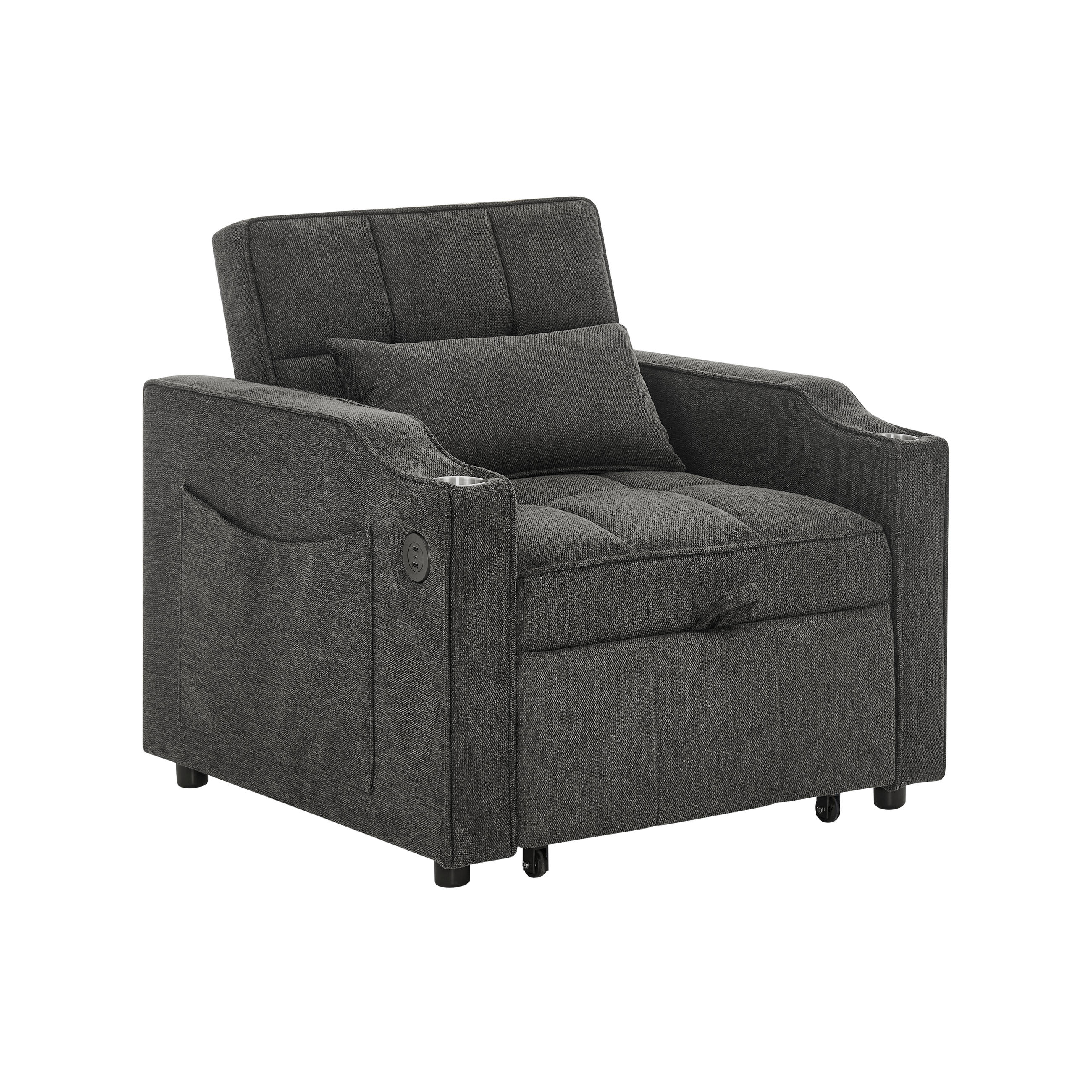 SCHLAFSESSEL DE-35033 3-in-1 mit USB-C und Getränkehalter Grau - Dunkelgrau, Holz (85/86/190cm) - ComfortXL