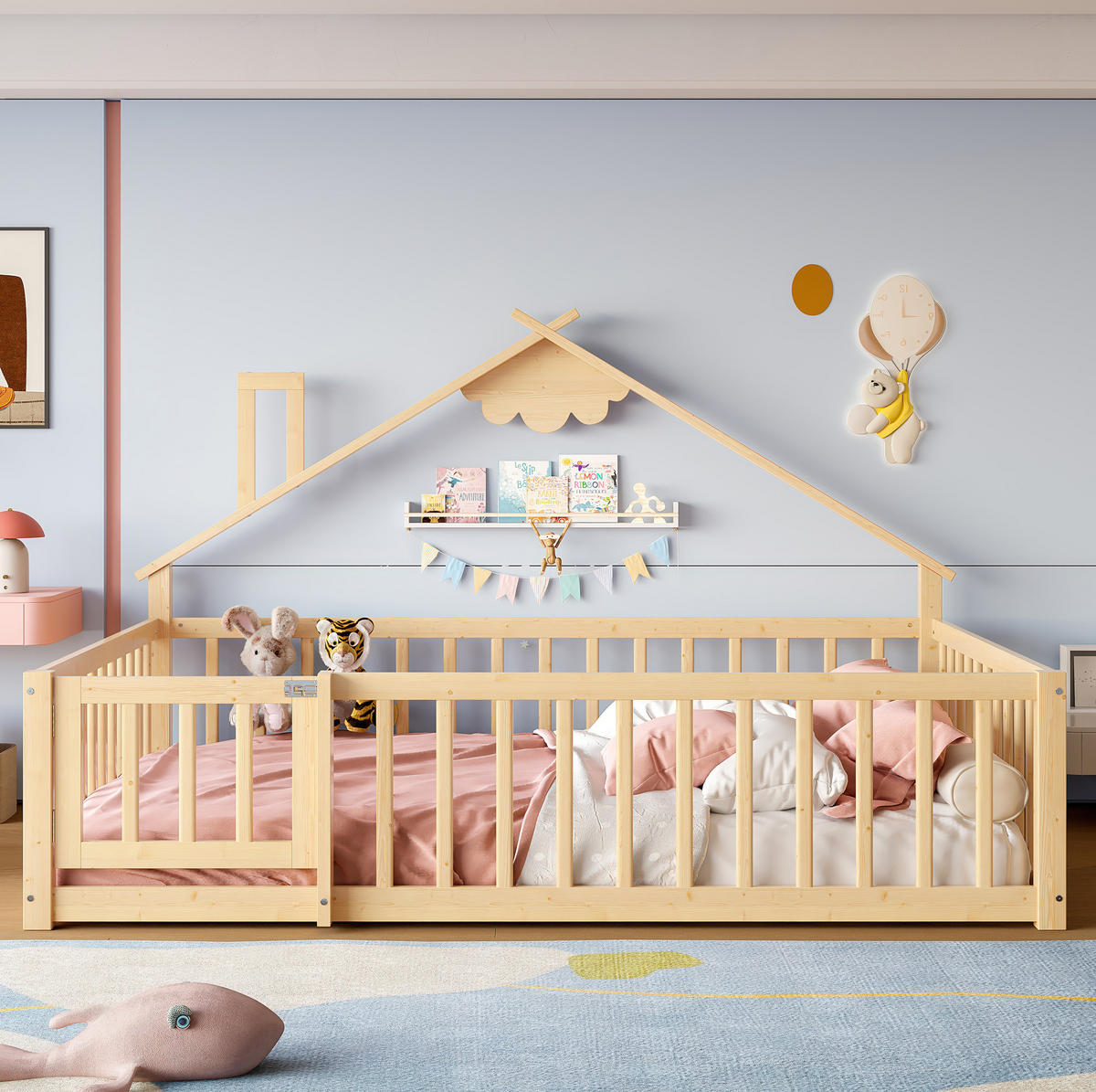 KINDERBETT Hausbett 140/190 cm aus Kiefernholz in Natur mit Sicherheitsgeländer - Naturfarben, Holz (140/190cm) - BEAOK