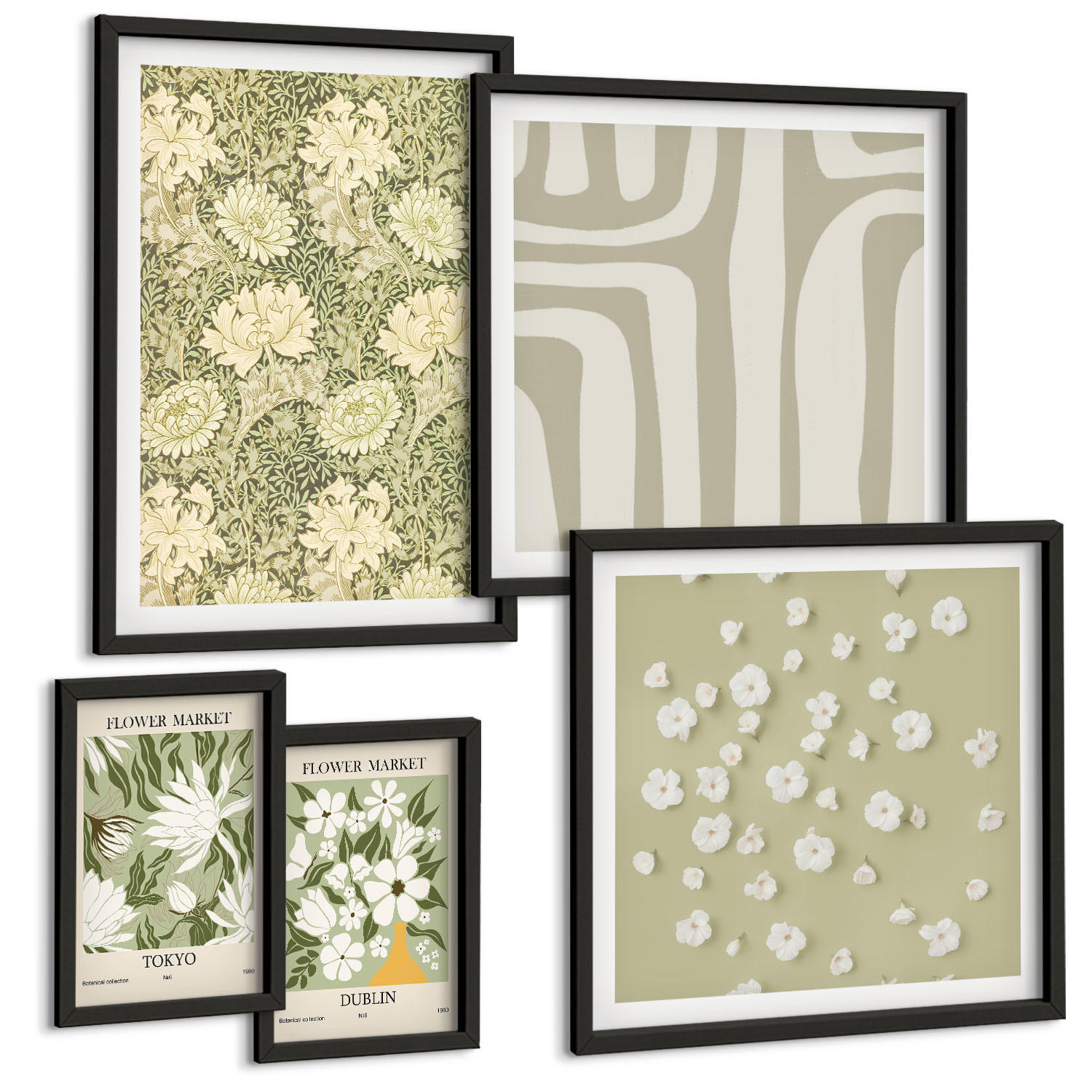 BILDER SET 5er Set - 50x50 cm & 20x30 cm & 40x60 cm Schwarzer Rahmen - Boho-Pflanzenkompositionen in Pastellfarben - Schwarz, Kunststoff (40/60cm) - TULUP