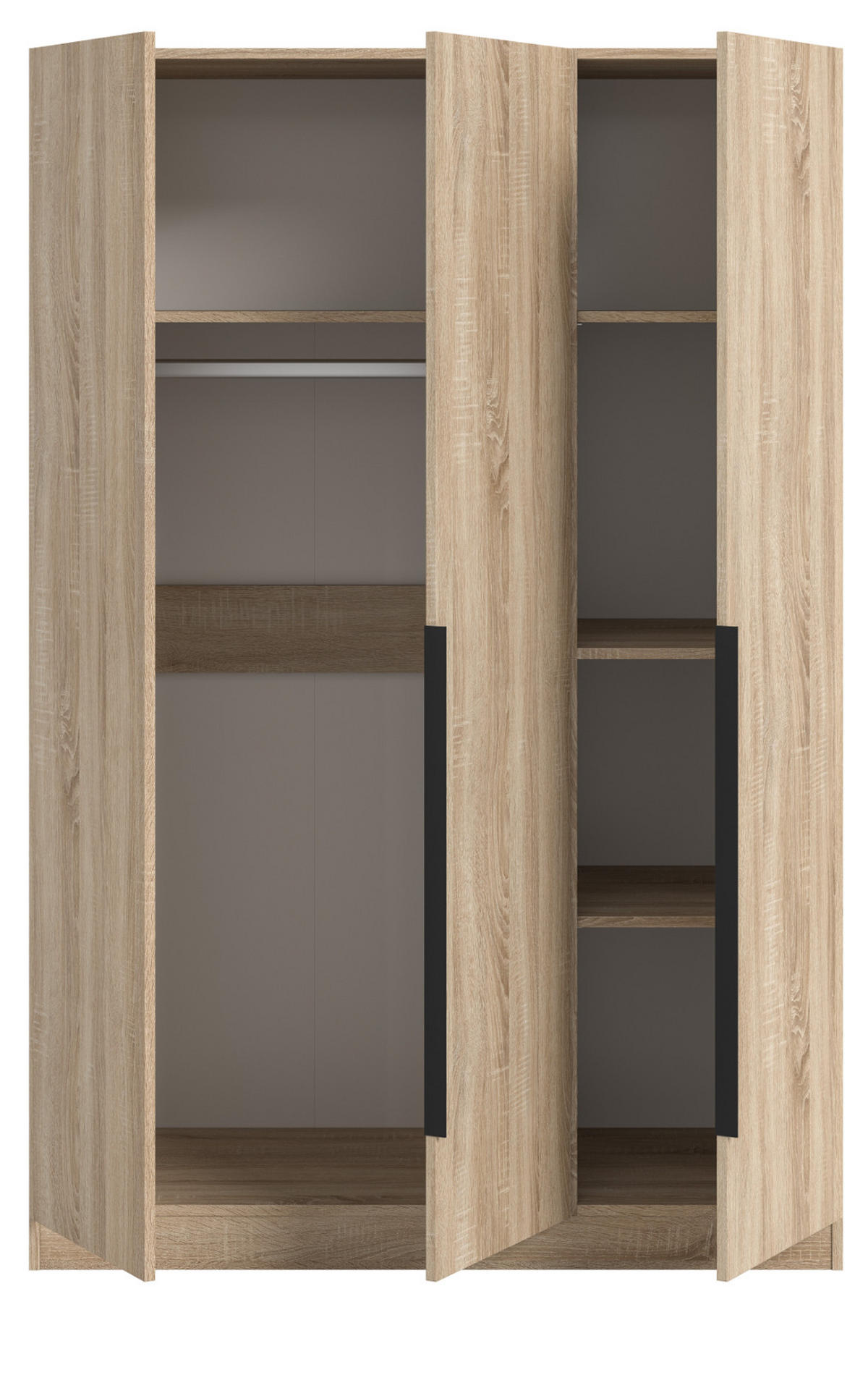 KLEIDERSCHRANK Eiche Sonoma 3-türig 120 x 181 cm, Drehtürenschrank mit zusätzlichen Einlegeböden - Eichefarben/Schwarz, Holzwerkstoff/Kunststoff (120/181/52cm) - Inn.Furn
