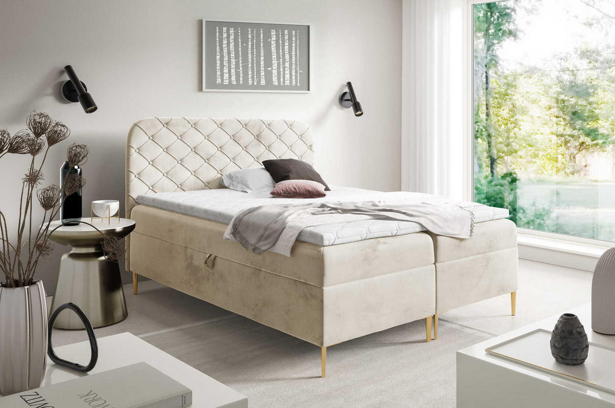 BOXSPRINGBETT 180x200 Elara, Chesterfield, 15 cm Beine, Matratze, Creme - Creme, Holz/Textil (180/200cm) - Emporius