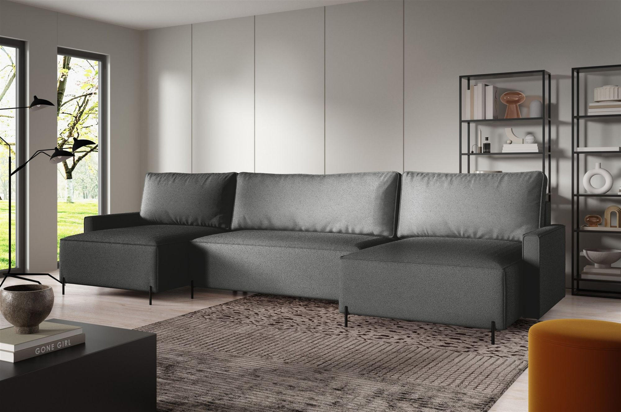 WOHNLANDSCHAFT Braga - Dunkelgrau, Holzwerkstoff/Textil (372/80/153cm) - Fun Möbel
