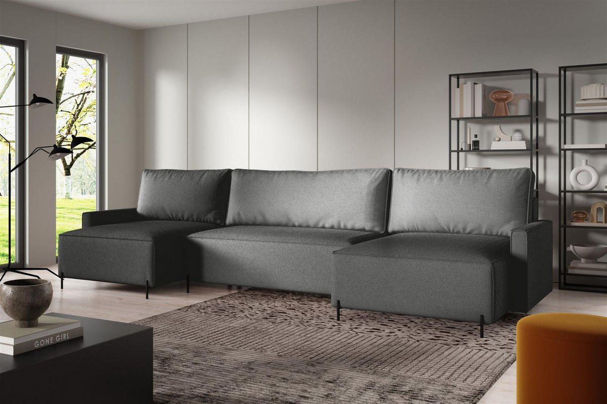 WOHNLANDSCHAFT Braga - Dunkelgrau, Holzwerkstoff/Textil (372/80/153cm) - Fun Möbel