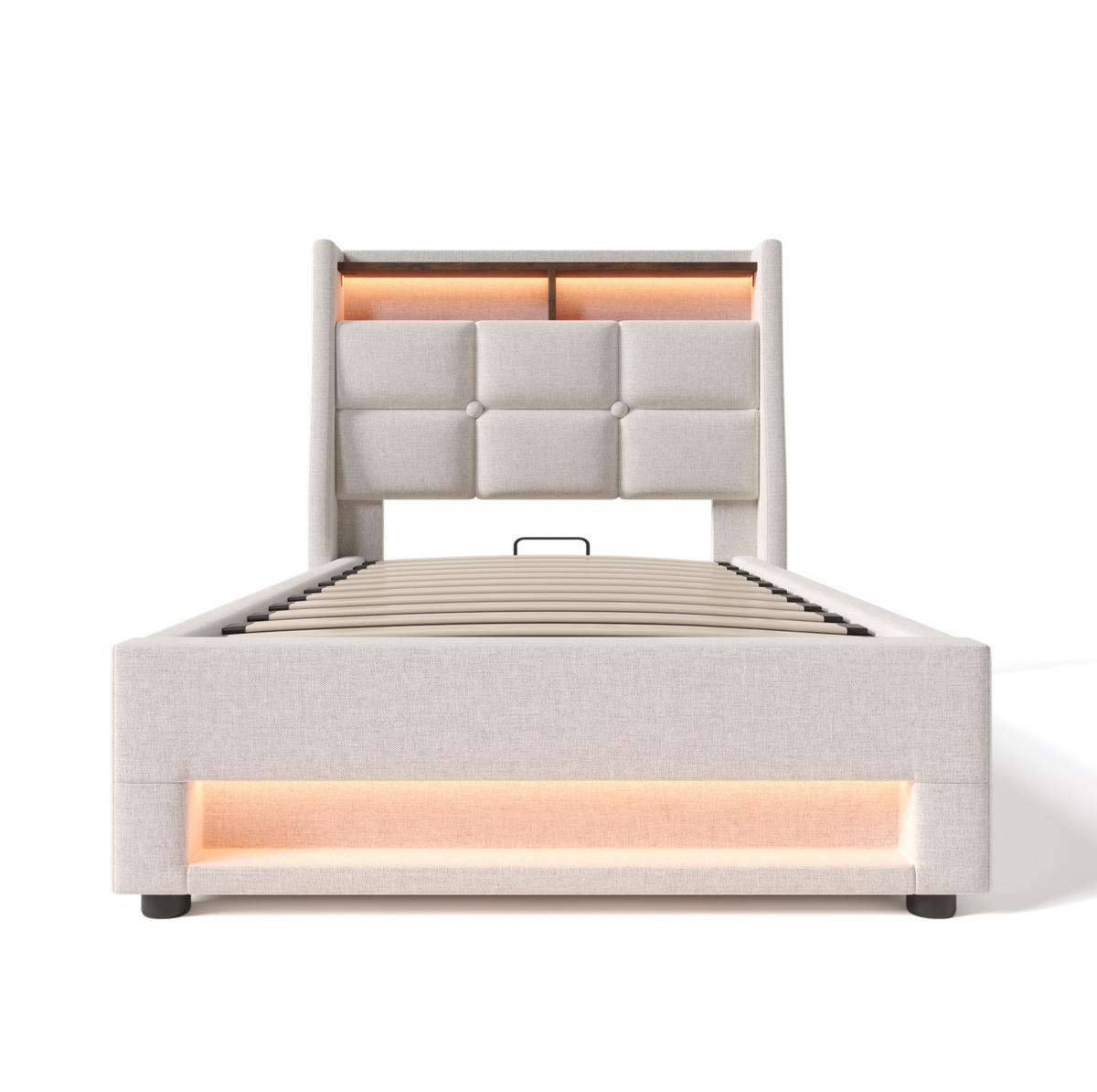 POLSTERBETT aus Leinen 90x200 cm Hellbeige mit Bettkasten, LED-Beleuchtung, USB und Matratze - Beige, Textil (90/200cm) - IVMEU