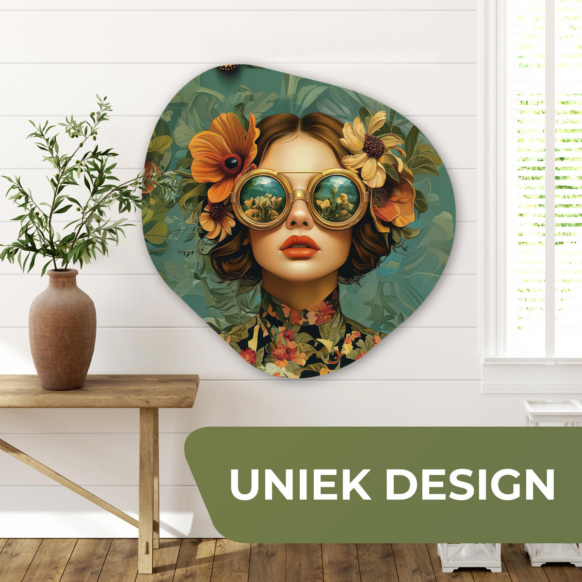 WANDBILD Frau - Blumen - Schmetterlinge - Natur - Vintage Room Decor 90x90 cm - Petrol, Kunststoff (90/90cm) - MuchoWow