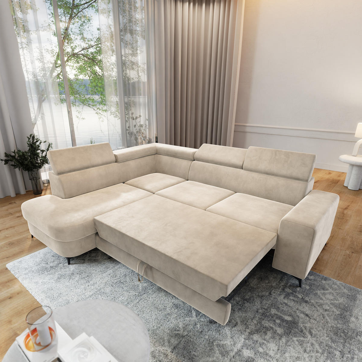 ECKSOFA ALVORO L-S Creme Velours-Stoff mit Schlaffunktion - Creme, Holz (253/190cm) - MASSENO
