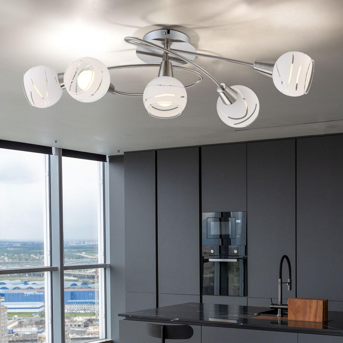 LED DECKENLEUCHTE Metall Silber 5 Flammig - Silberfarben, Glas (62.4/37.1/21.1cm) - Globo Lighting