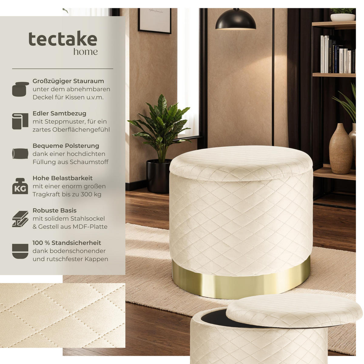 SITZHOCKER mit Stauraum Coco,51 x 44,5 cm,creme - Creme, Holz (51/44.5/51cm) - tectake
