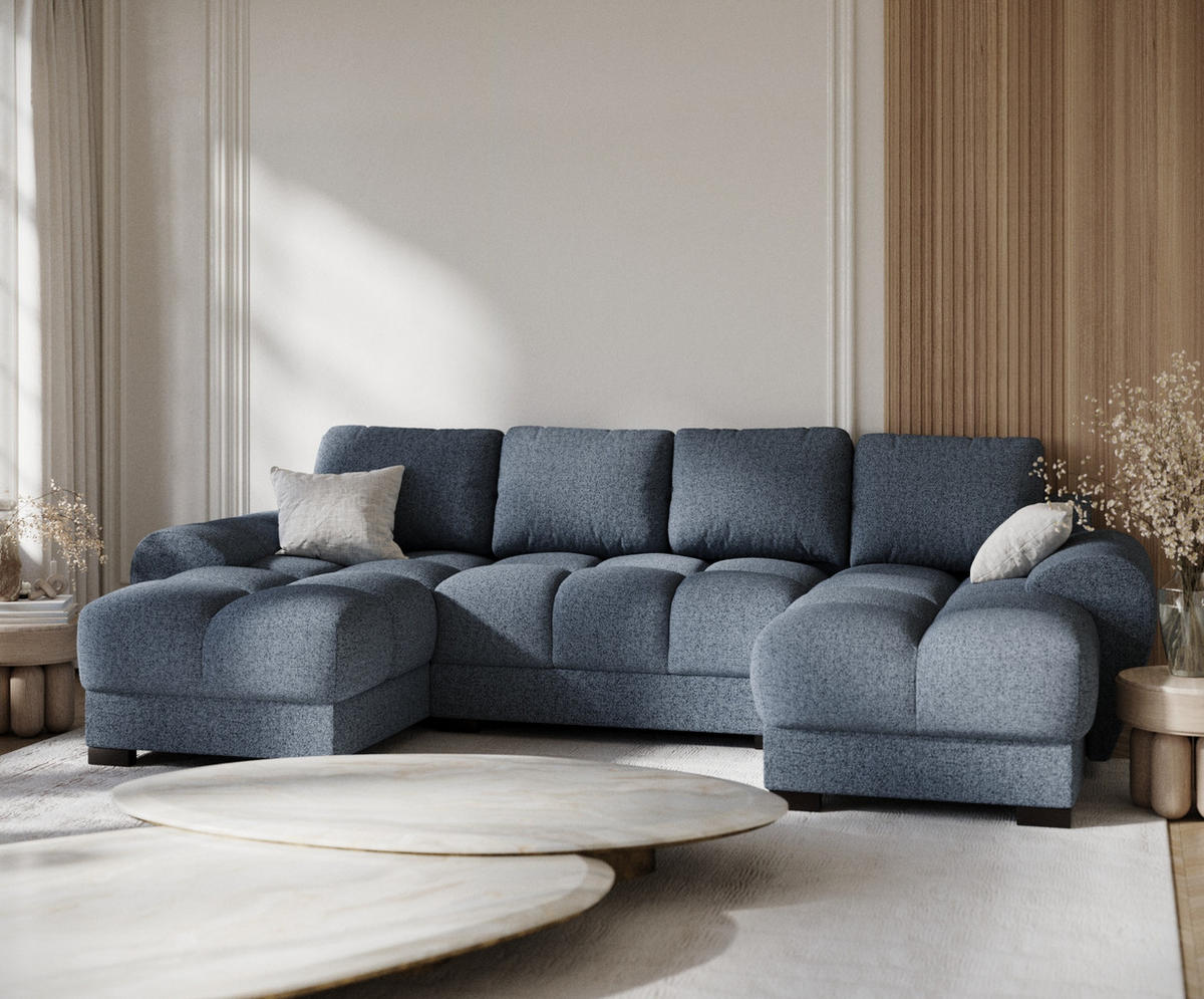 WOHNLANDSCHAFT Peebles Denimblau Webstoff - Schwarz/Dunkelblau, Holz/Holzwerkstoff (330/90/175cm) - Maison de Reve