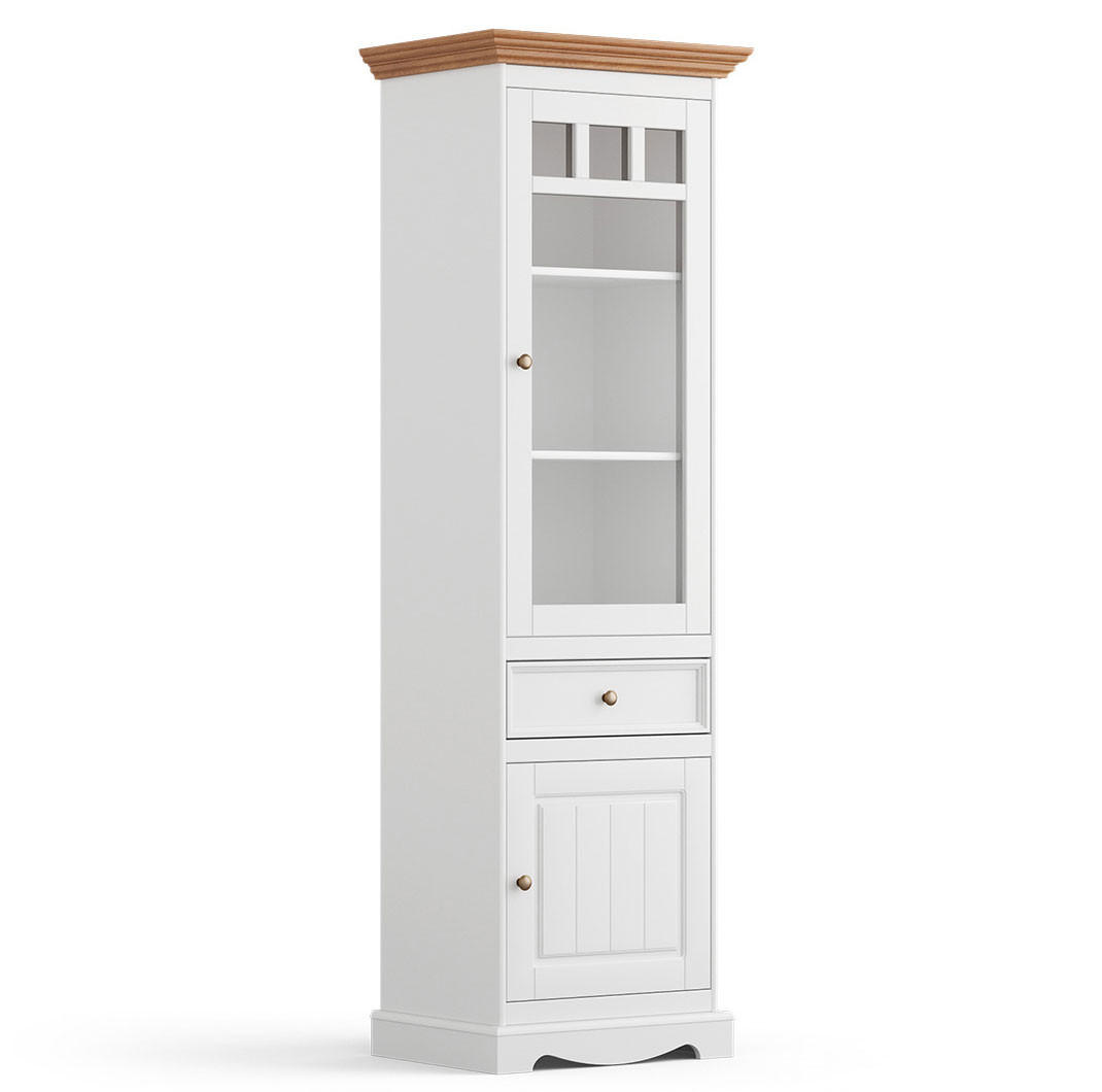 VITRINE Belluno Elegante Kiefer weiß (RAL9010) lackiert / Kiefer gebeizt, Eichefarben 59,5 / 44 / 190cm - Eichefarben/Weiß, Holz/Metall (60/190/44cm) - Feldmann-Wohnen