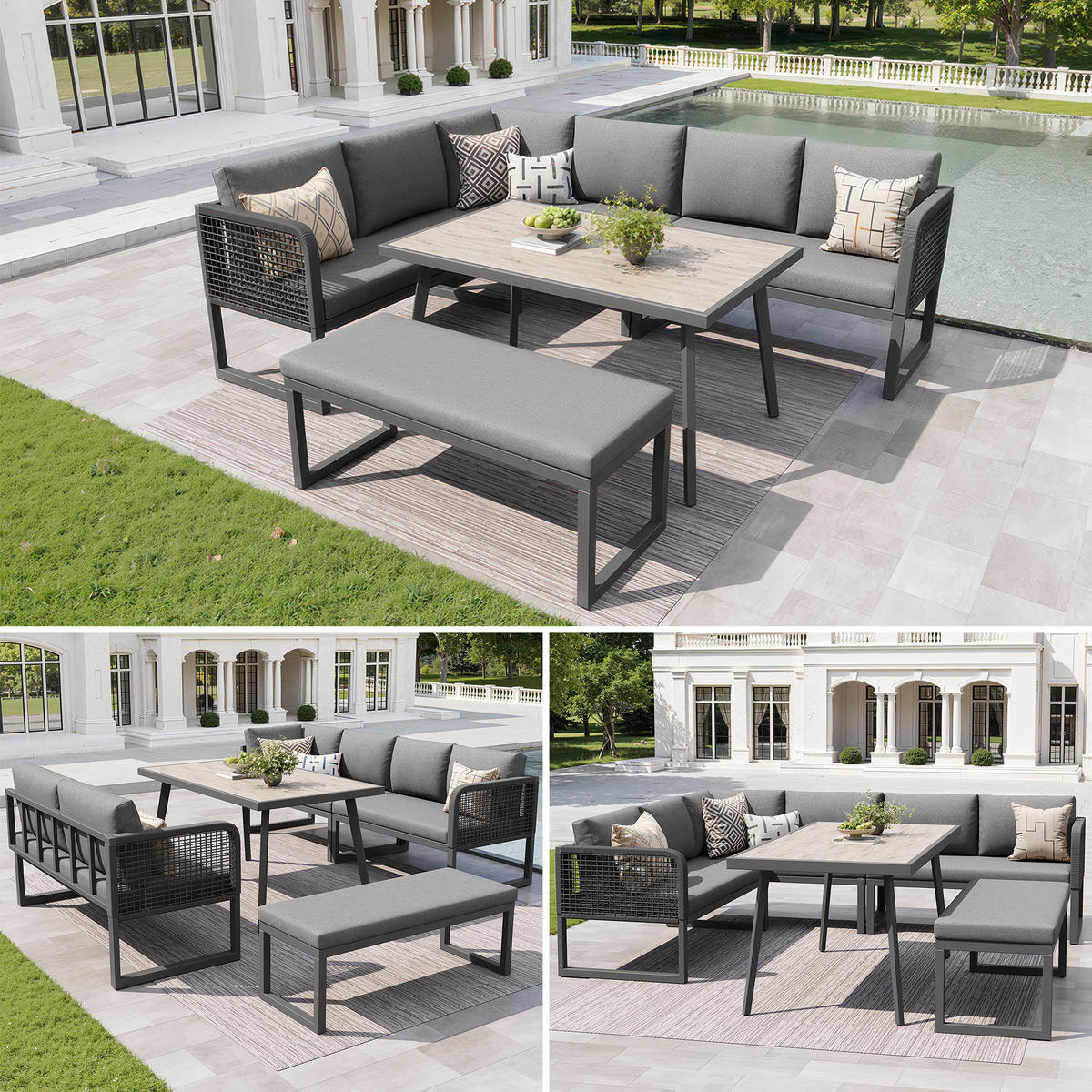 LOUNGESET 6-8 Personen PE-Rattan Grau Mit Hochwertigen Kissen - Grau, Metall - FLIEKS