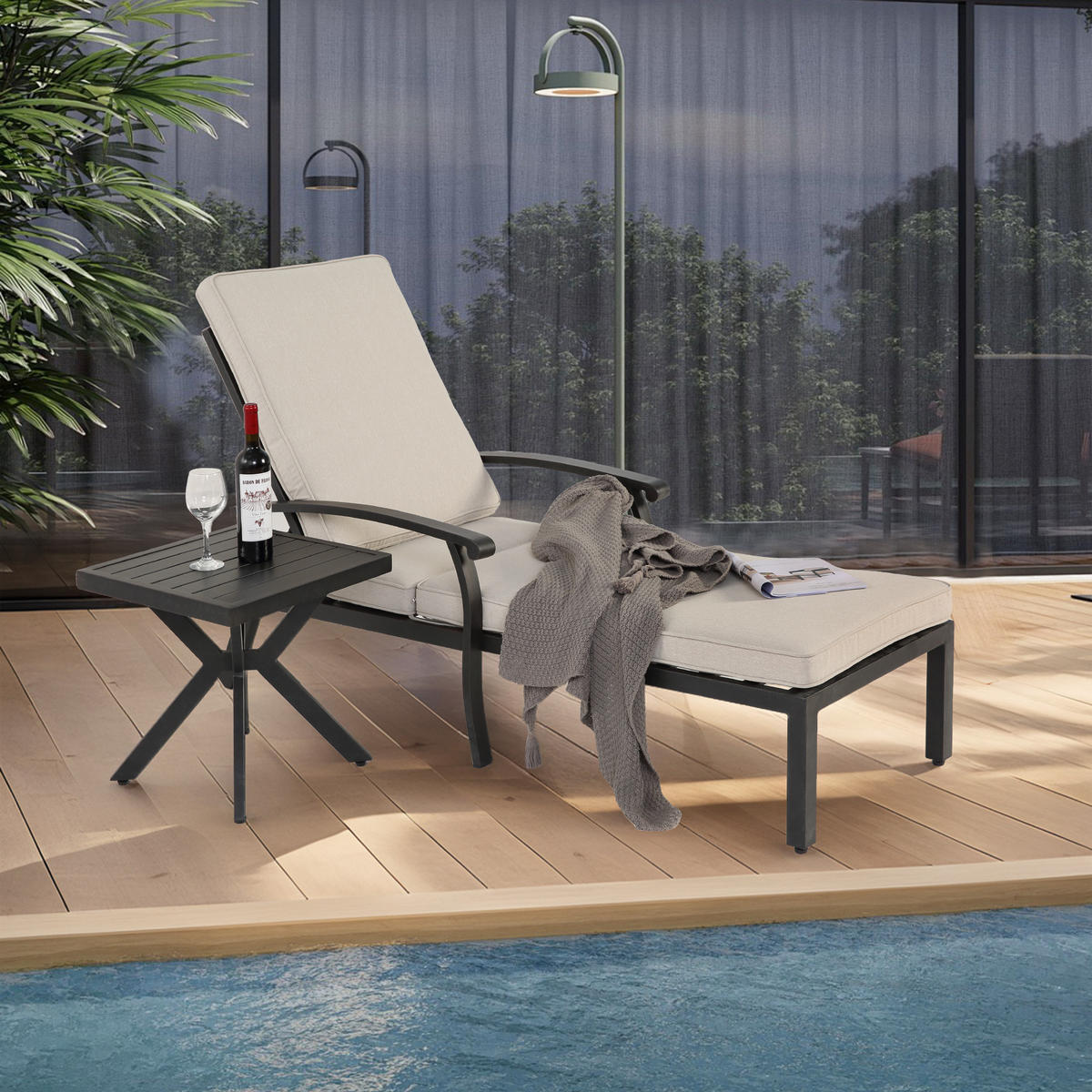 LOUNGE STUHL Patio Stuhl mit Baumwollkissen Beige 2-tlg - Beige, Metall (58/100/204cm) - ComfortXL