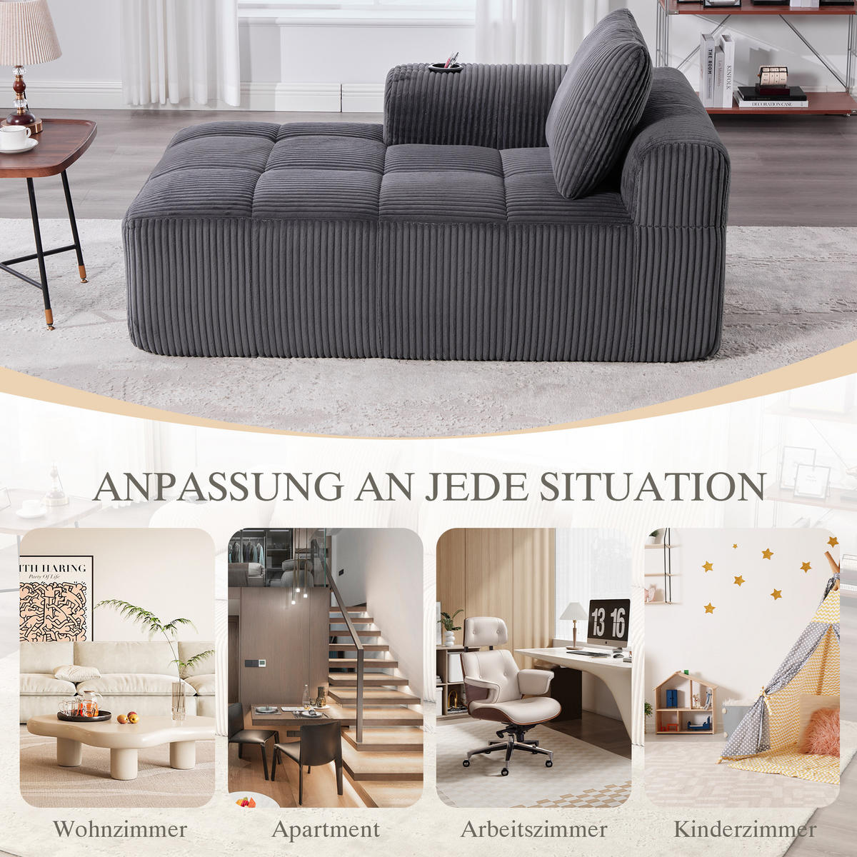 CHAISELONGUE in Cord (158 cm) mit Getränkehalter & Seitentaschen - Dunkelgrau, Textil (158/61/93cm) - Urban Meuble