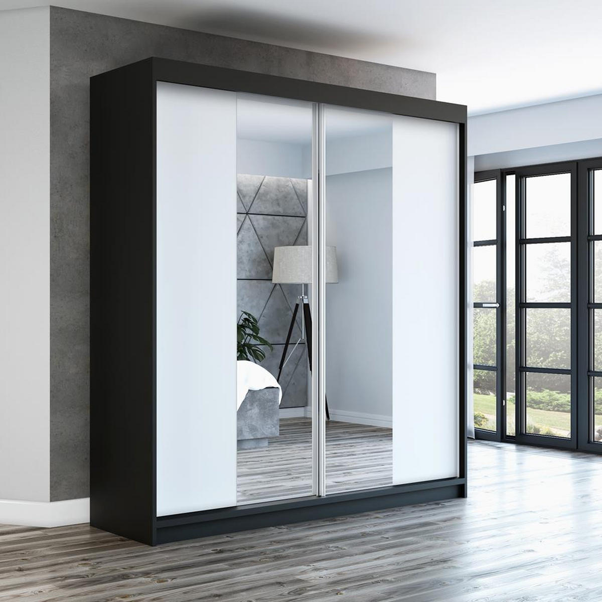 SCHWEBETÜRENSCHRANK 120 CM NEO Farbe: Schwarz / weiß / weiß - Schwarz/Weiß, Holzwerkstoff (120/215/59.5cm) - A&J MöbelLand