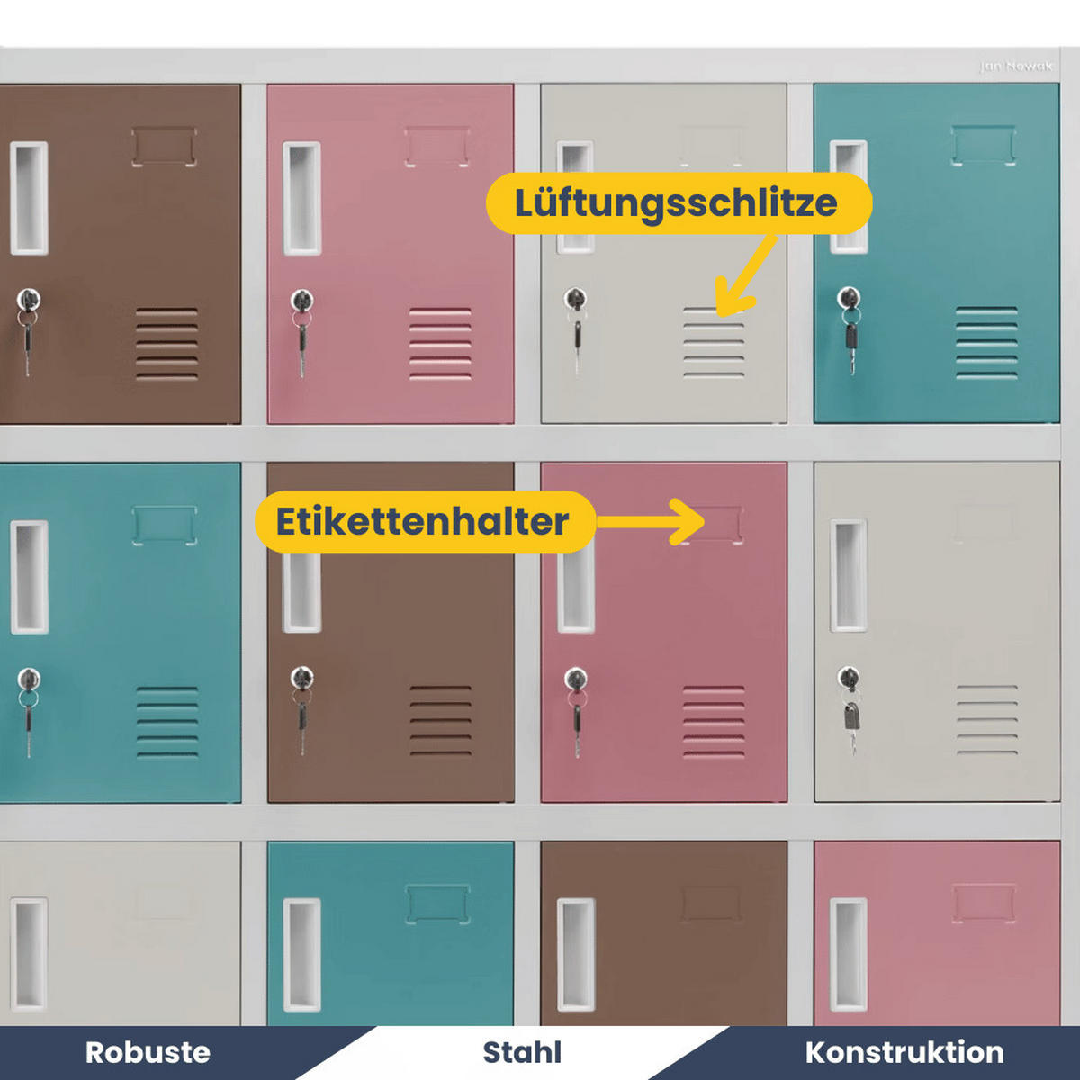 SCHLIESSFACHSCHRANK Spind Kindergarten ANNA 12 Fächer 120x109x45cm Pastellfarben - Pastellblau, Metall (109/120/45cm) - DELUKE