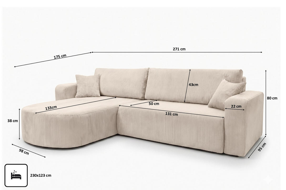 ECKSOFA Mit Schlaffunktion, Cordstoff Poso, Beige, Links, ROUND ONE XL - Creme, Holz (271/175cm) - Kaiser Möbel