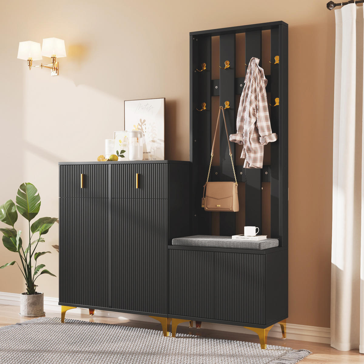 IN Schwarz Kleiderschrank-Set mit Schuhbank und Kissen, Schubladen und Türen, B60.5/T35.2/H180.5cm und B83/T35/H101cm - Goldfarben/Schwarz, Holzwerkstoff/Metall (60.5/180.5/35.2cm) - STILVORA