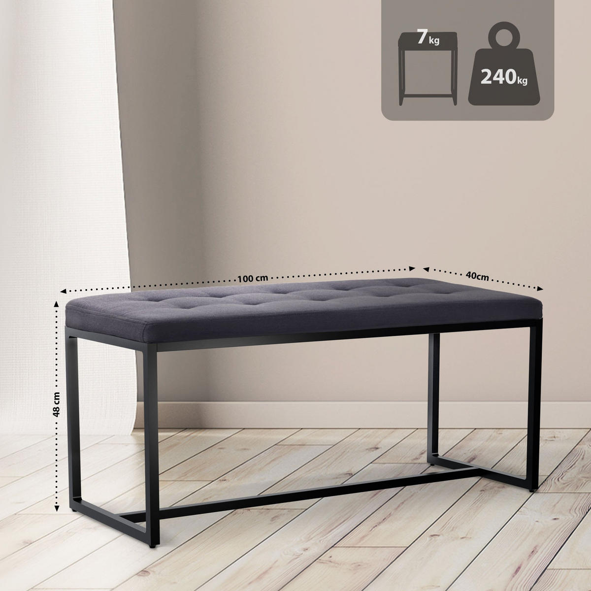 SITZBANK 100/40 cm Stoff schwarz - Schwarz, Textil/Metall (100/48/40cm) - CLP