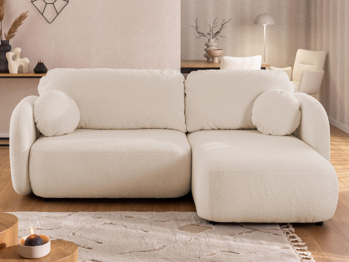 ECKSOFA Candy mit Schlaffunktion Hellbeige Bouclé-Stoff - Ottomane rechts - Beige/Schwarz, Holz/Kunststoff (146/230cm) - S-Style Möbel