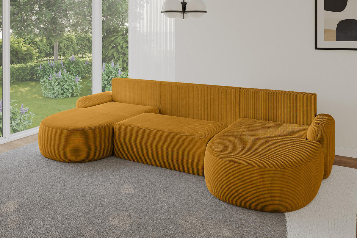 WOHNLANDSCHAFT mit Schlaffunktion und Bettkasten LIRA-U - 335x172x89 Senfgelb - Sandfarben, Holzwerkstoff/Textil (335/89/172cm) - ALTDECOR