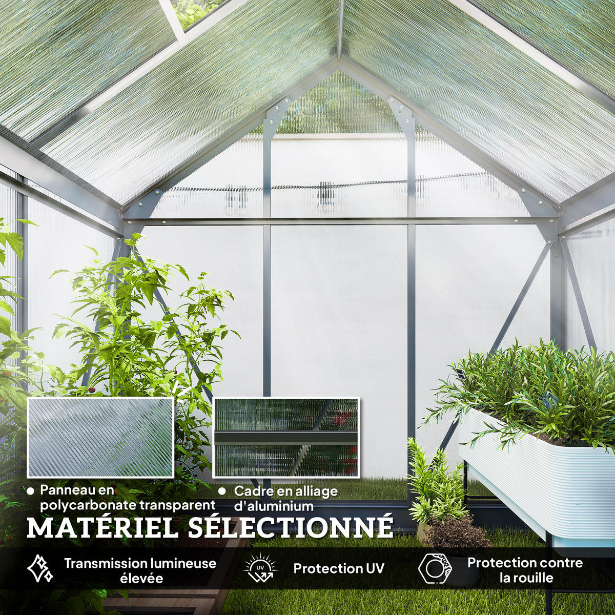 GEWÄCHSHAUS DE-11968 Polycarbonat mit Dachluke & Regenrinne Grau - Grau, Kunststoff (132/201/190cm) - ComfortXL