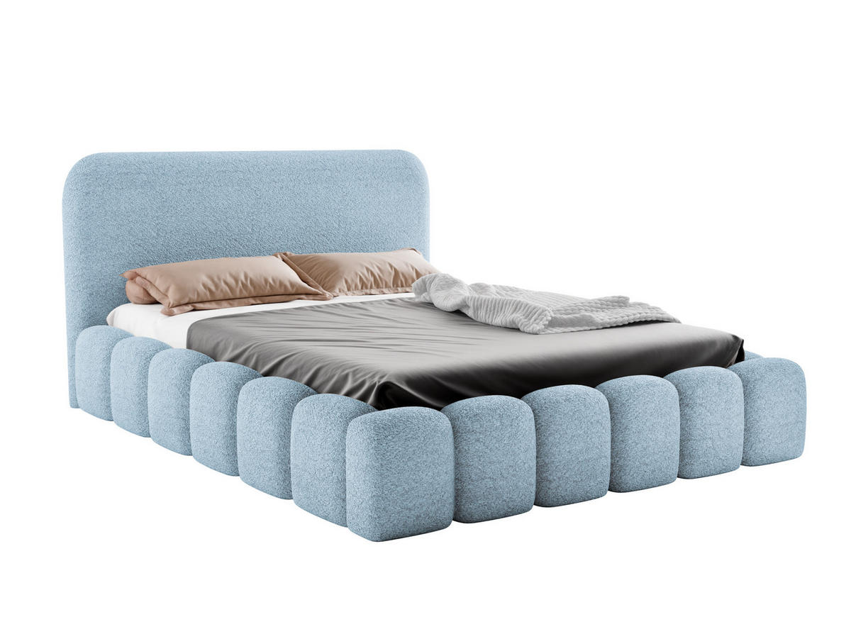 POLSTERBETT MONI 160x200 mit Bettkasten und Lattenrost – Bouclé Stoff MONTE Hellblau - Schwarz, Textil (180/200cm) - Luxkor24