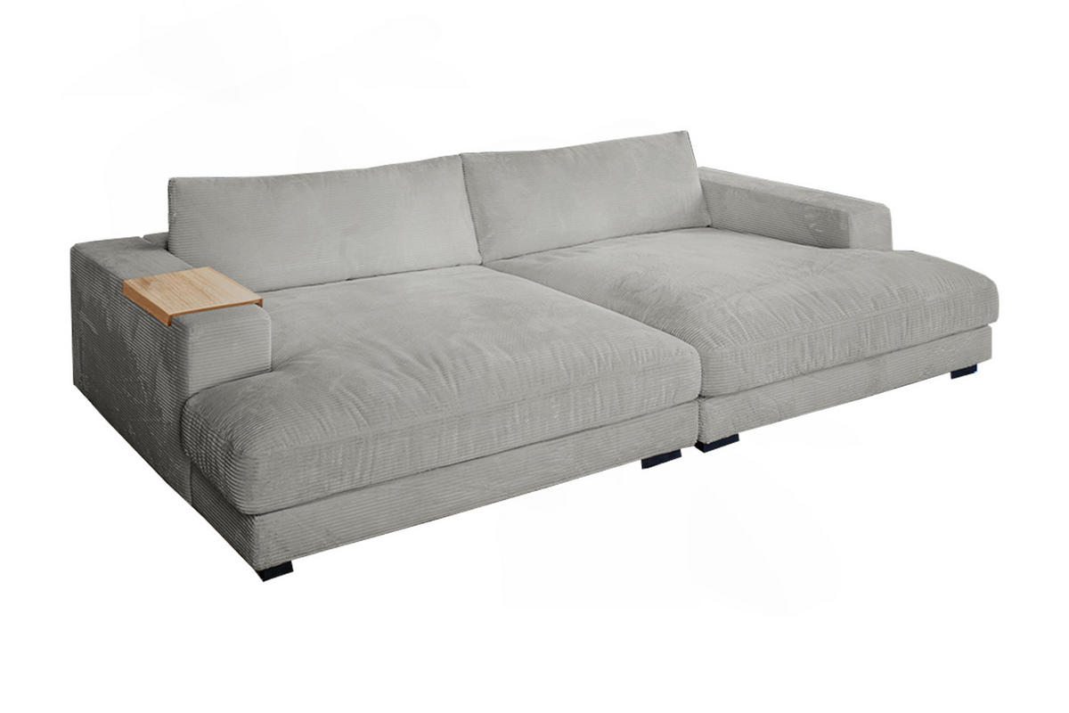 BIG SOFA XL MIT TABLETT NATUR MADELINE Hellgrau Cord - Hellgrau/Schwarz, Kunststoff/Textil (290/85/190cm) - KAWOLA