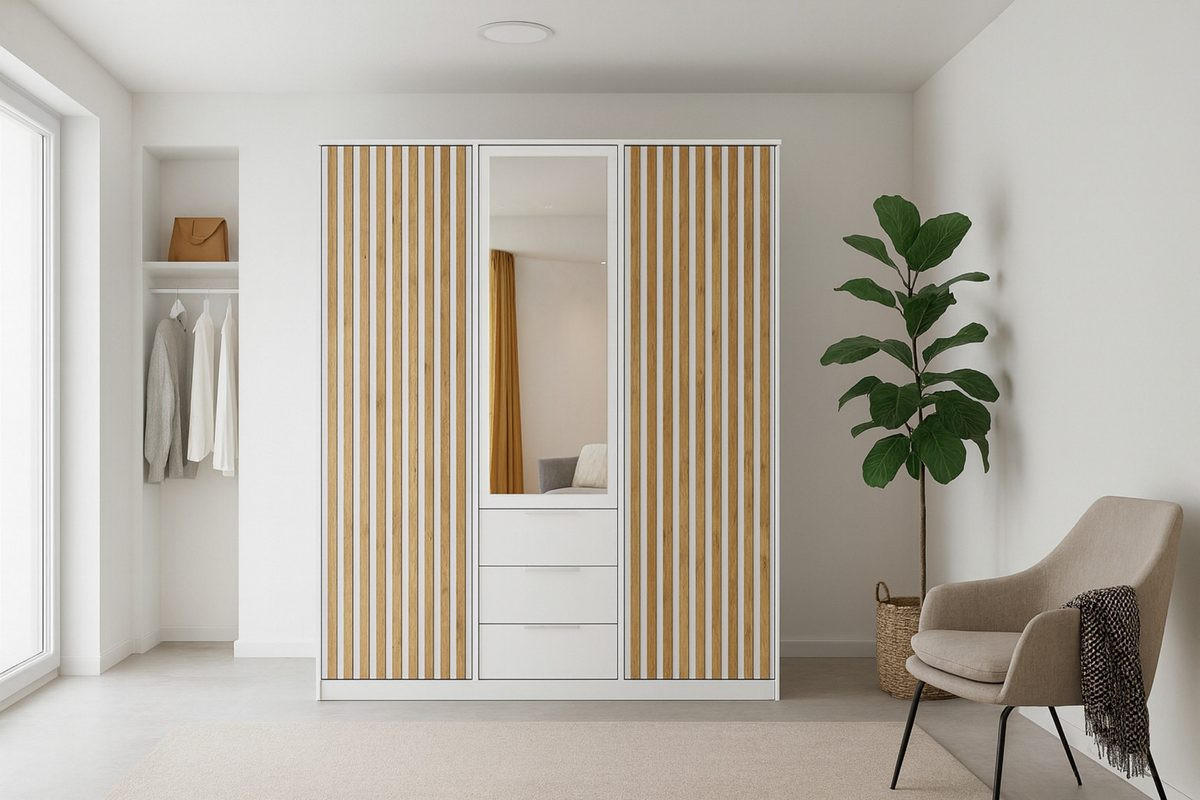 DREHTÜRENSCHRANK LABOO LUX 149/200/58 cm in Weiß mit Lamellen - Weiß, Holzwerkstoff (149/200/58cm) - Deine Möbel 24