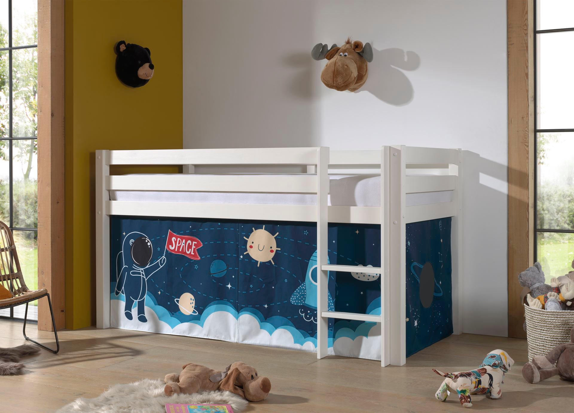 KINDERBETT Karolina 210x114x106 Massivholz Weiß Textilset Rakete - Türkis/Weiß, Holz (90/200cm) - 58aufmkessel