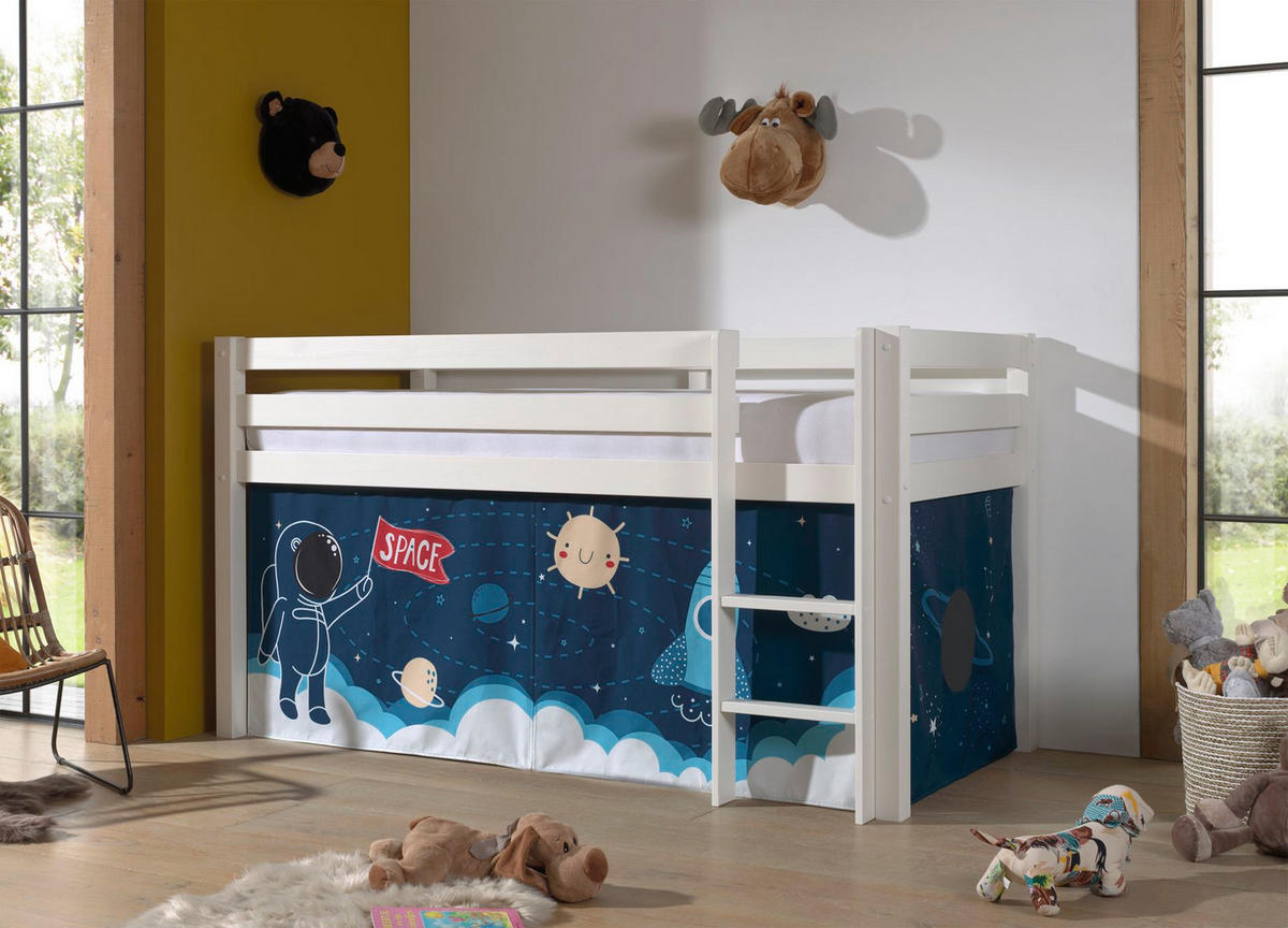 KINDERBETT Karolina 210x114x106 Massivholz Weiß Textilset Rakete - Türkis/Weiß, Holz (90/200cm) - 58aufmkessel