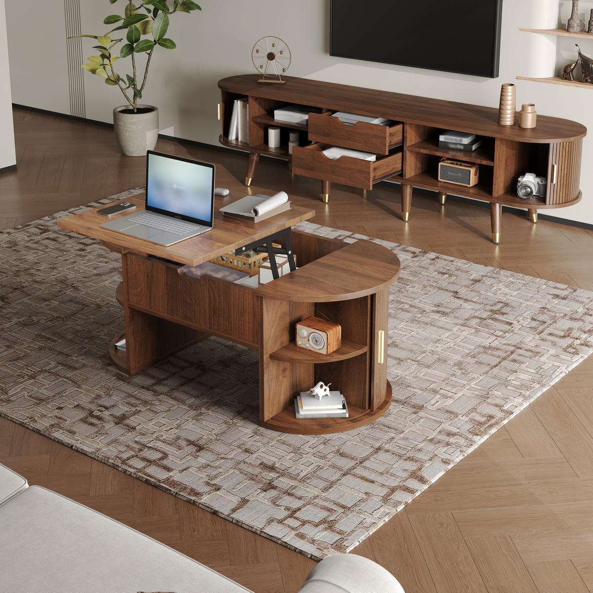 COUCHTISCH 2-tlg Wohnzimmerset Nussbaum - TV-Schrank & mit Hubplatte - Mid-Century - Schwarz, Holz (67.49/33.48/23.98cm) - Raelunyi