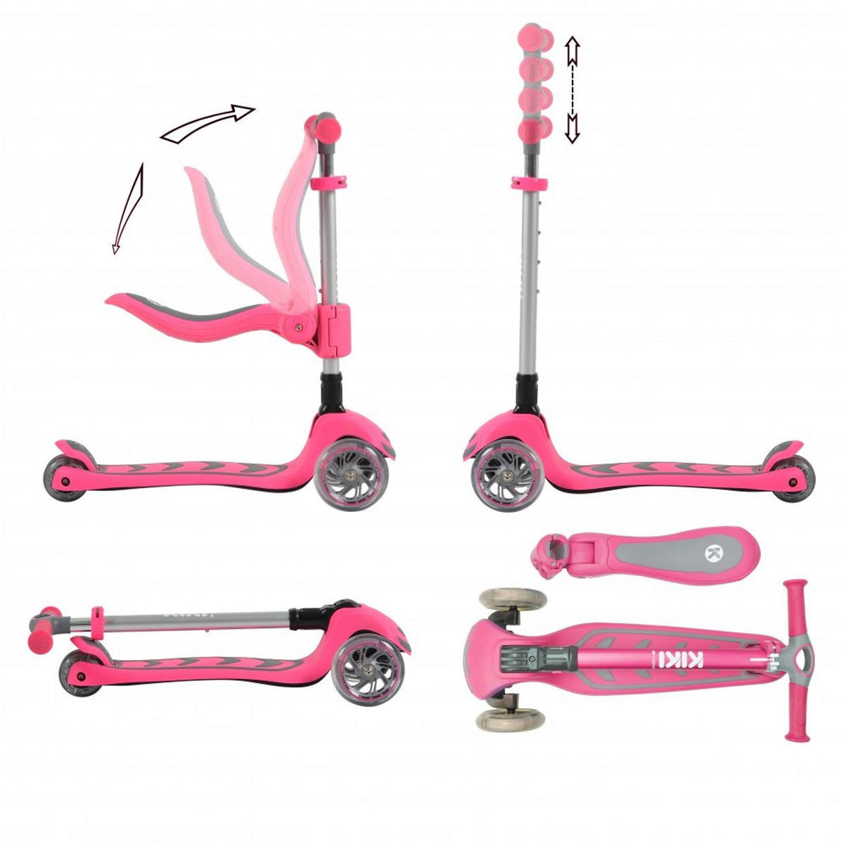 KINDERROLLER Kiki 2 in 1 rosa Höhe einstellbar 4 blinkende PU-Räder, klappbar - Rosa, Metall (59.5/24/61cm)