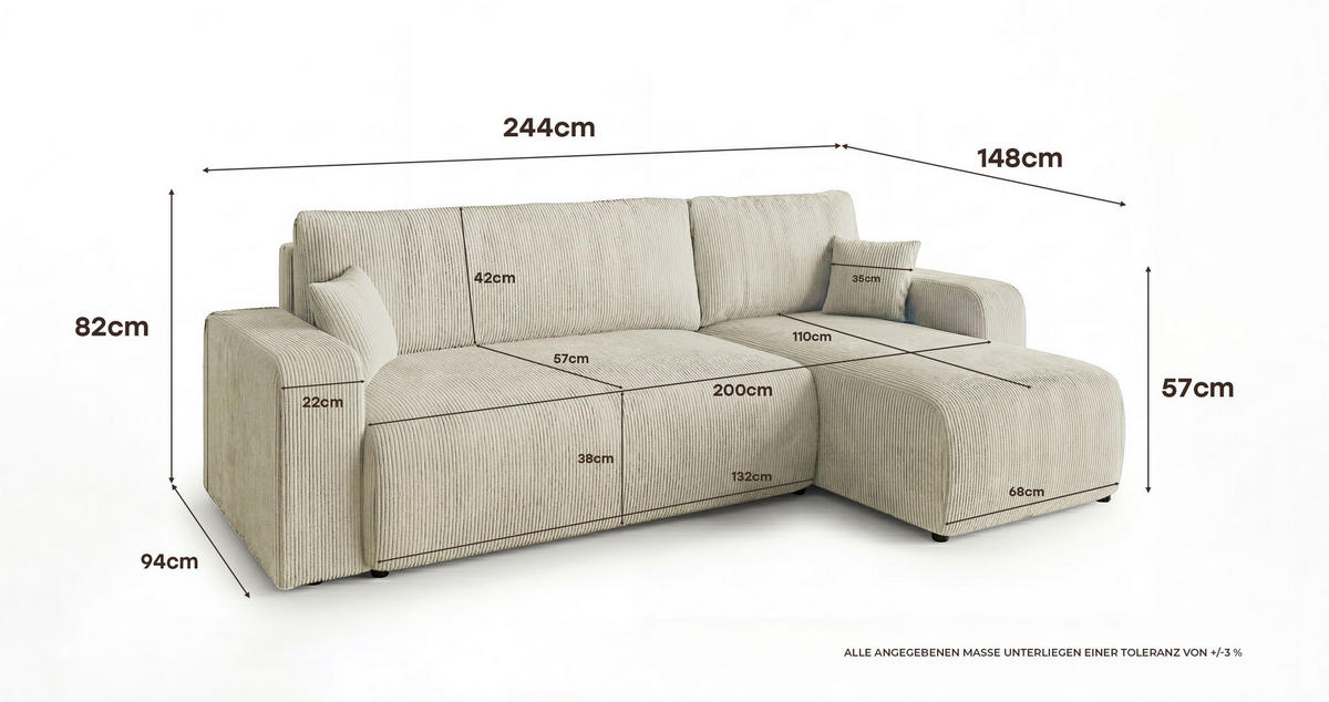 ECKSOFA PARIS rechts weiß Cord Poso 100 - Schlaffunktion, Bettkasten - Weiß, Textil (255/149cm) - Cornero