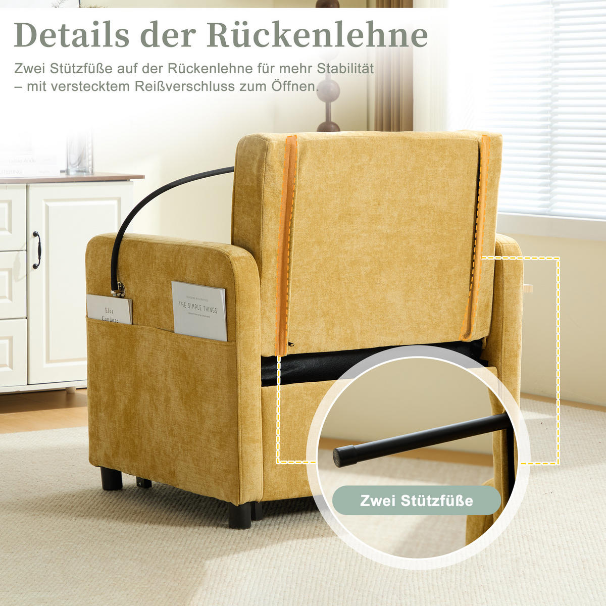 SCHLAFSESSEL 167/79/83 cm in Senfgelb aus Chenille mit Liegefunktion - Currygelb, Textil (167/83/79cm) - BEAOK