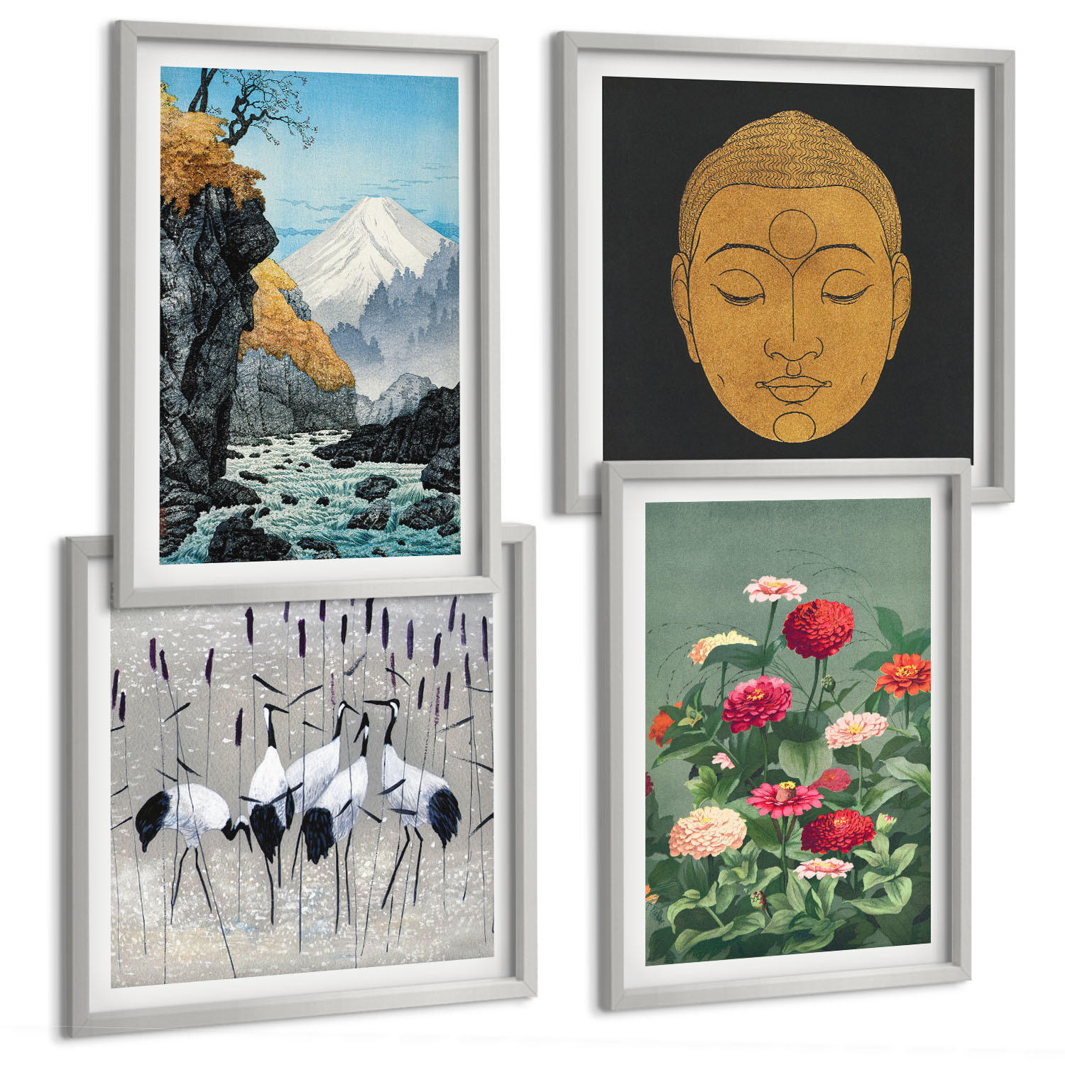 BILDER SET 4er Set - 50x50 cm & 40x60 cm Silberner Rahmen - Japanische Natur und Japandi-Stil - Silberfarben, Kunststoff (50/50cm) - TULUP