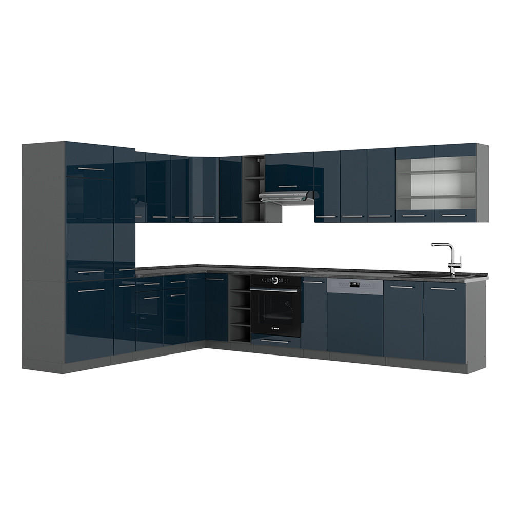 ECKKÜCHE Fame-Line Dunkelblau Hochglanz/Anthrazit 257 x 60 cm ohne AP - Anthrazit/Dunkelblau, Holzwerkstoff (347/81.6/46cm) - Vicco