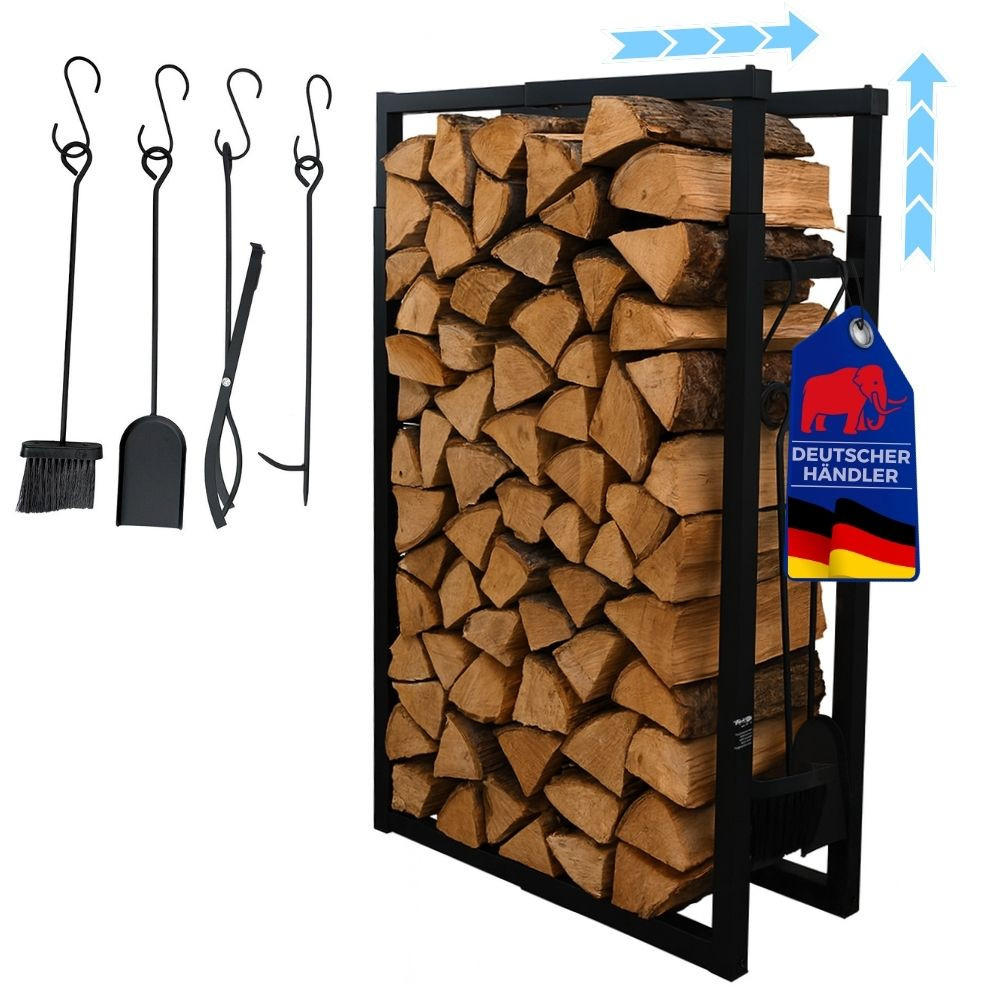 KAMINHOLZREGAL Phoenix verstellbar innen & außen 100-150x40-65x25cm 4 Kaminwerkzeugen Schwarz - Schwarz, Metall (65/150/25cm) - PROREGAL