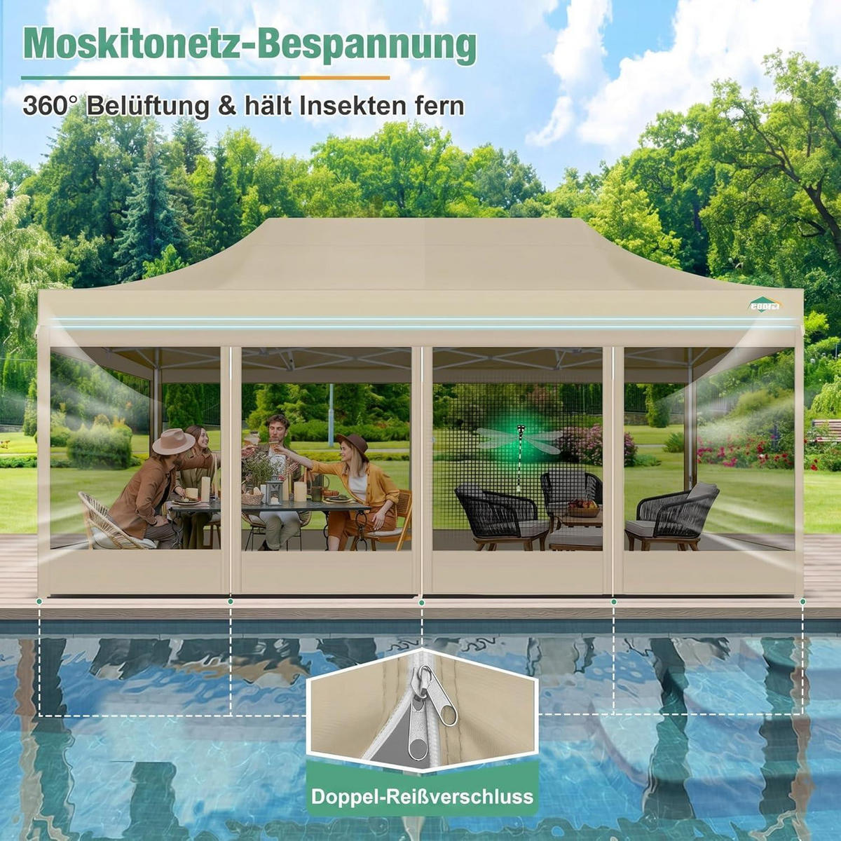 FALTPAVILLON 3 x 6 m mit Moskitonetz Khaki - Beige, Textil (300/275/600cm)