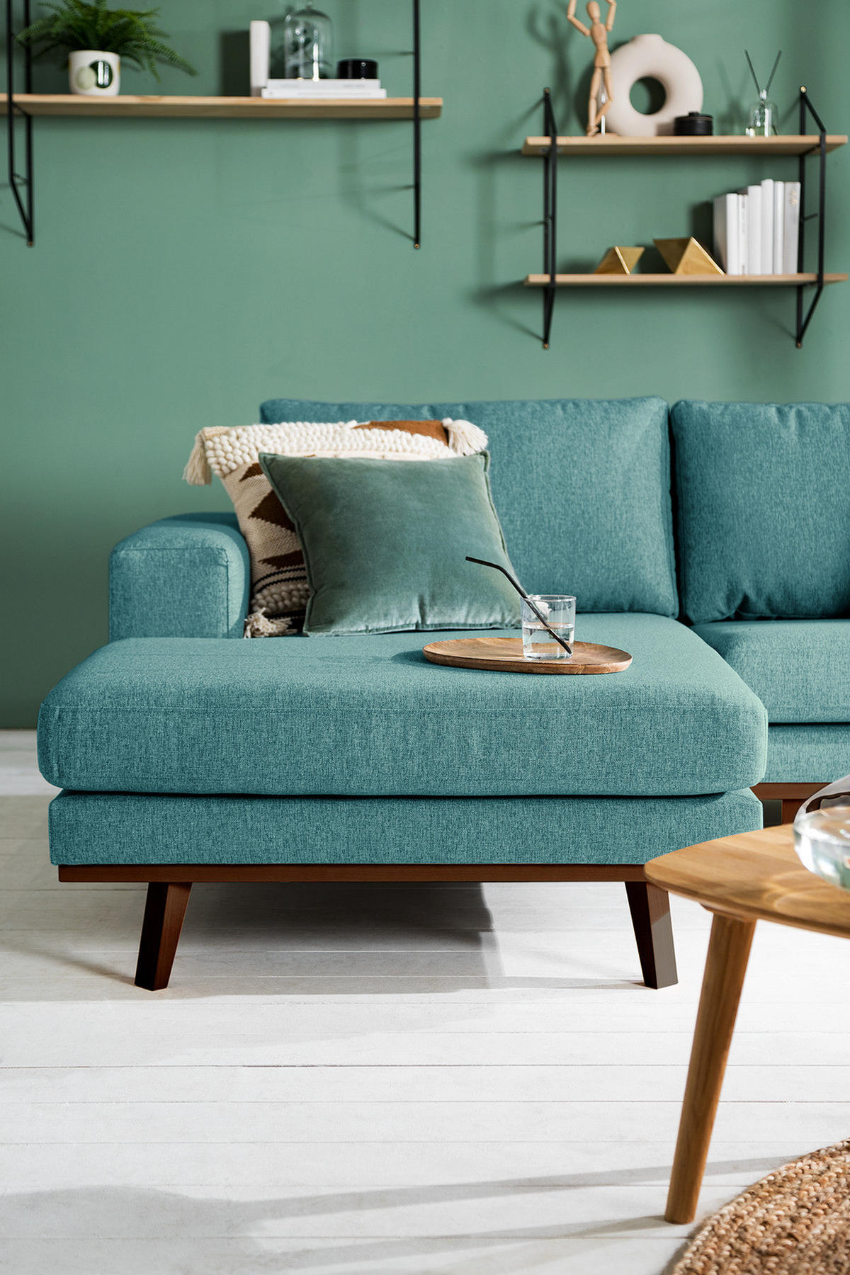 WOHNLANDSCHAFT mit Longchair - Buchefarben/Petrol, Buchenholz/Textil (371/81/219cm) - home24