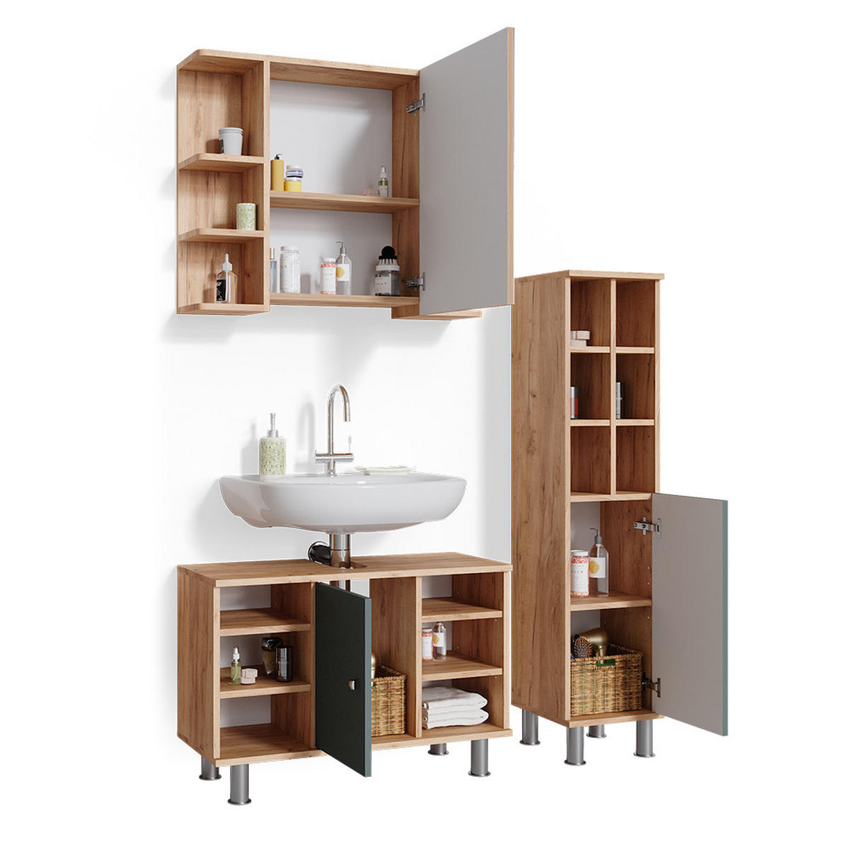 BADMÖBEL-SET Fynn Grün 3 Teile, mit Midischrank Tür groß - Honigeiche/Grün, Holzwerkstoff (60/54/32cm) - Vicco