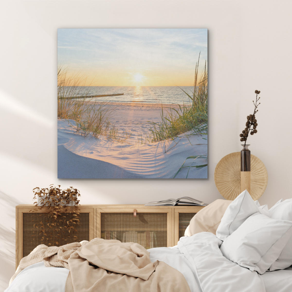 AKUSTIKPANEEL Strand - Sonne - Düne - Gras - Sand - Horizont 90x90 cm - Hellblau, Textil (90/0.9/90cm) - MuchoWow