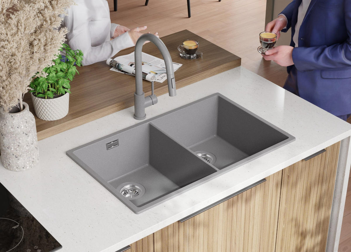 GRANITSPÜLE London Slim Twin, 2-er set Grau 76/47 cm 2 Becken + Küchenarmatur 40/20 cm + Ablauf-Set ab 80er Unterschrank - Chromfarben/Grau, Kunststoff (76/20/47cm) - Primagran