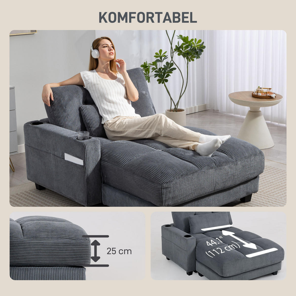 CHAISELONGUE 2 Sitzer Schlafsofa 114 x 147 cm mit Becherhalter Dunkelgrau - Dunkelgrau/Schwarz, Kunststoff/Textil (114/86/147cm) - HOMCOM