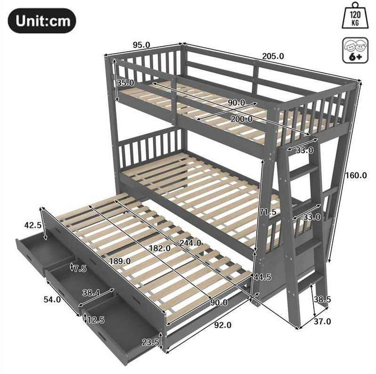 ETAGENBETT aus Kiefernholz 90x200 cm in Grau mit Ausziehbett & 3 Schubladen - Grau, Holz (90/200cm) - Modfu
