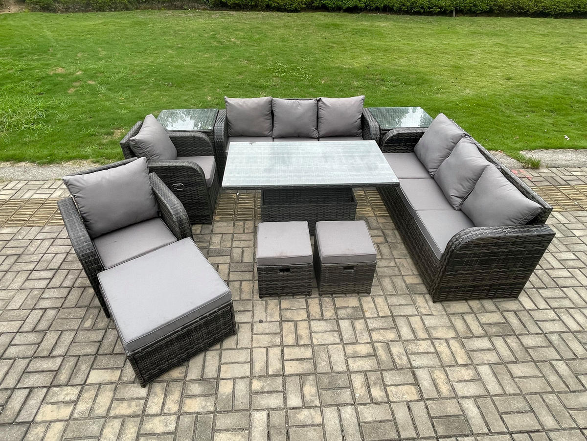 GARTENSET Polyrattan 11-Sitzer - Dunkelgrau/Grau, Glas/Kunststoff - Fimous