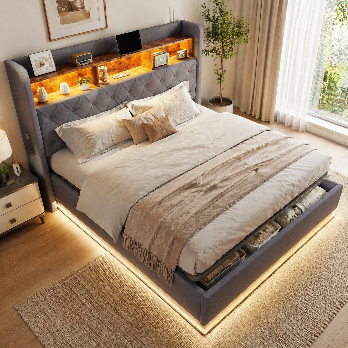 POLSTERBETT 180/200 mit LED-Lichtstreifen, USB-Ladeanschluss und hydraulischem Stauraum in Grau - Grau, Holzwerkstoff/Textil (180/200cm) - EVRYAE