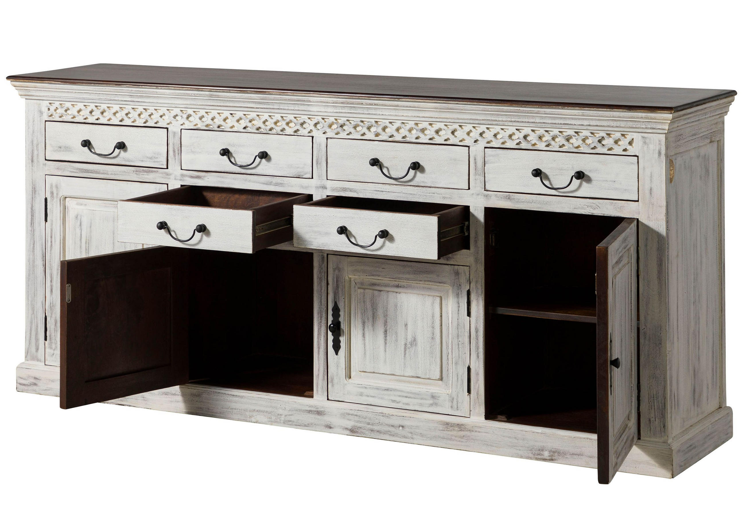 SIDEBOARD Mango / Akazie 200x45x90 weiß gewachst CASTLE-ANTIK #108 - Weiß, Holz (200/90/45cm) - Massivmoebel24