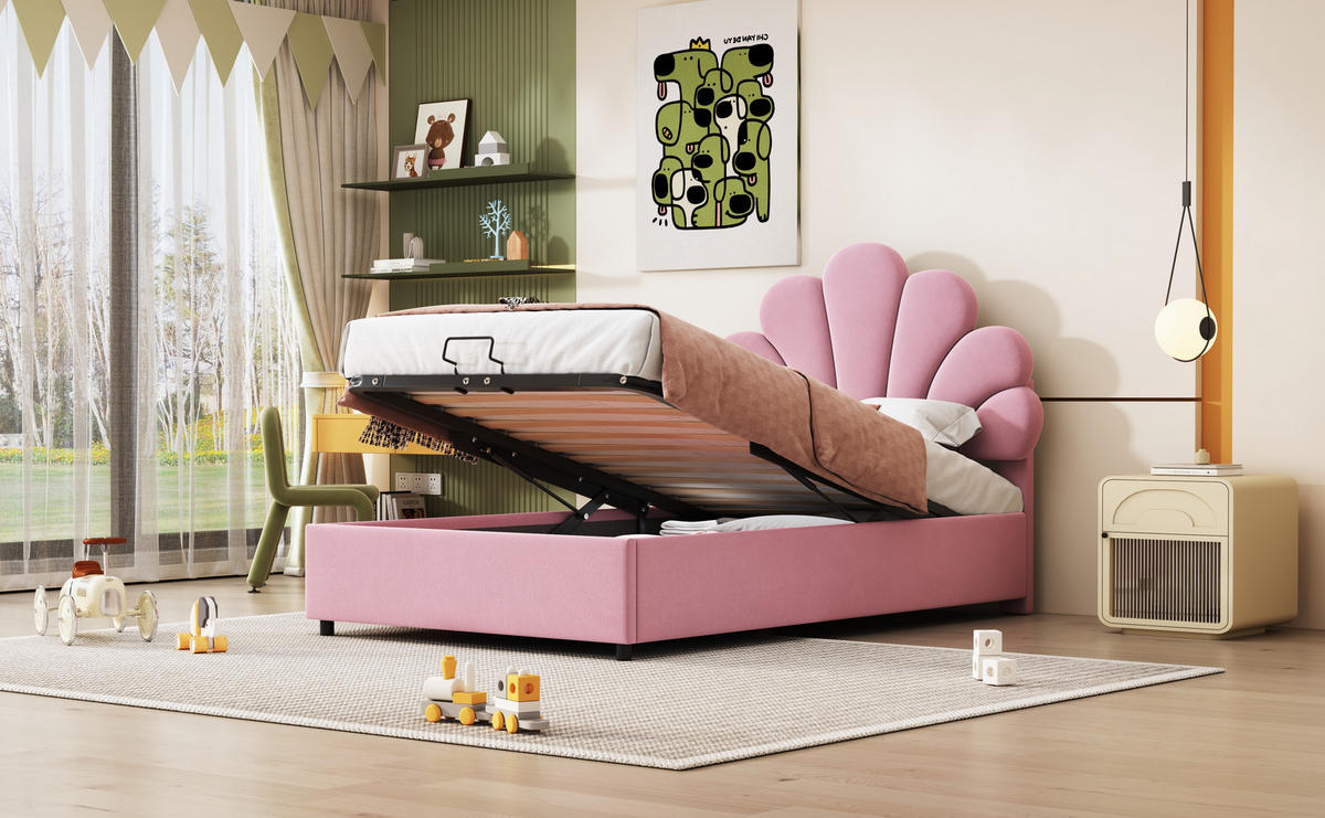 KINDERBETT 90x200 cm Stauraum Samt rosa - Rosa, Textil (90/200cm) - LEBENLANG