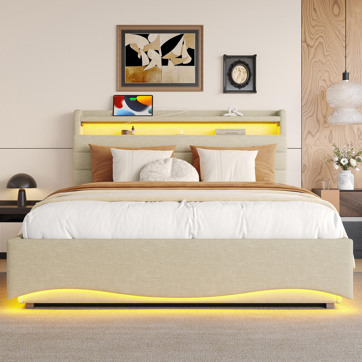ČALÚNENÁ posteľ 140/200 cm s LED osvetlením, hydraulickým úložným priestorom a USB/Typ-C portami, Sivá - sivá, textil (140/200cm) - Redom